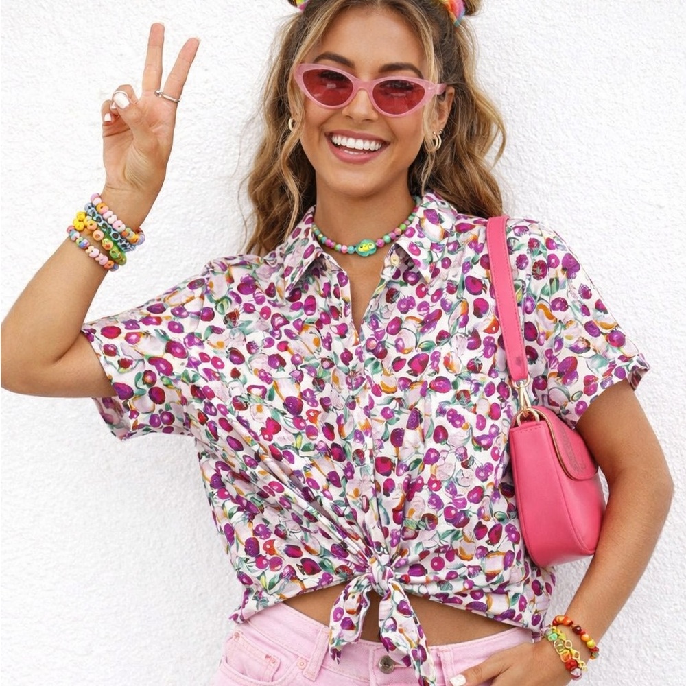 Tatyana cherry print fruit button down front tie top